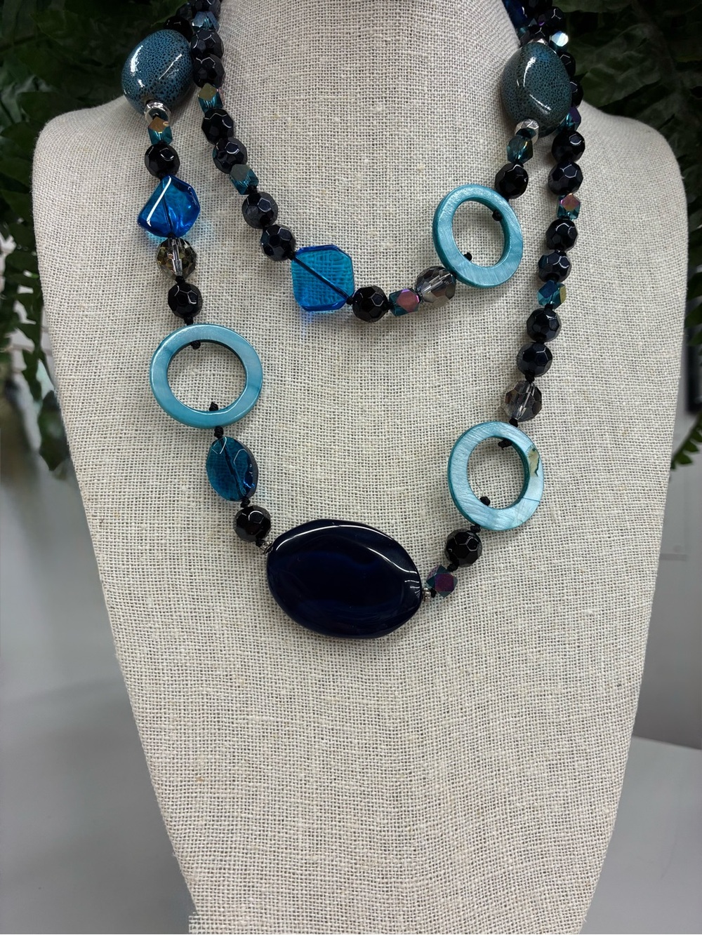 Artisan Sapphire Blue Glass Pottery Multi-Bead Statement Necklace